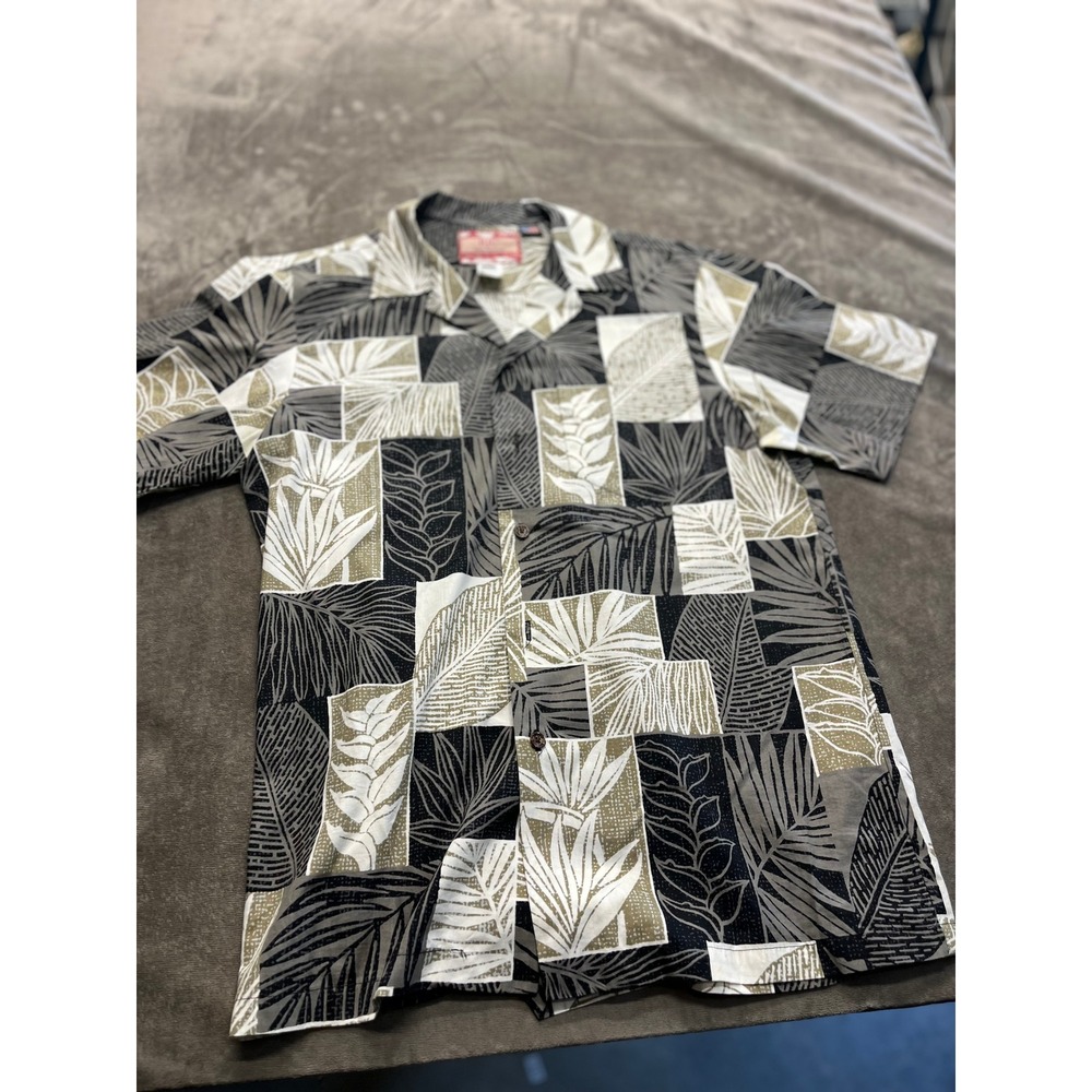RJC Mens Hawaiian Shirt Medium Black Tan Tropical Leaf Block Print Made in USA